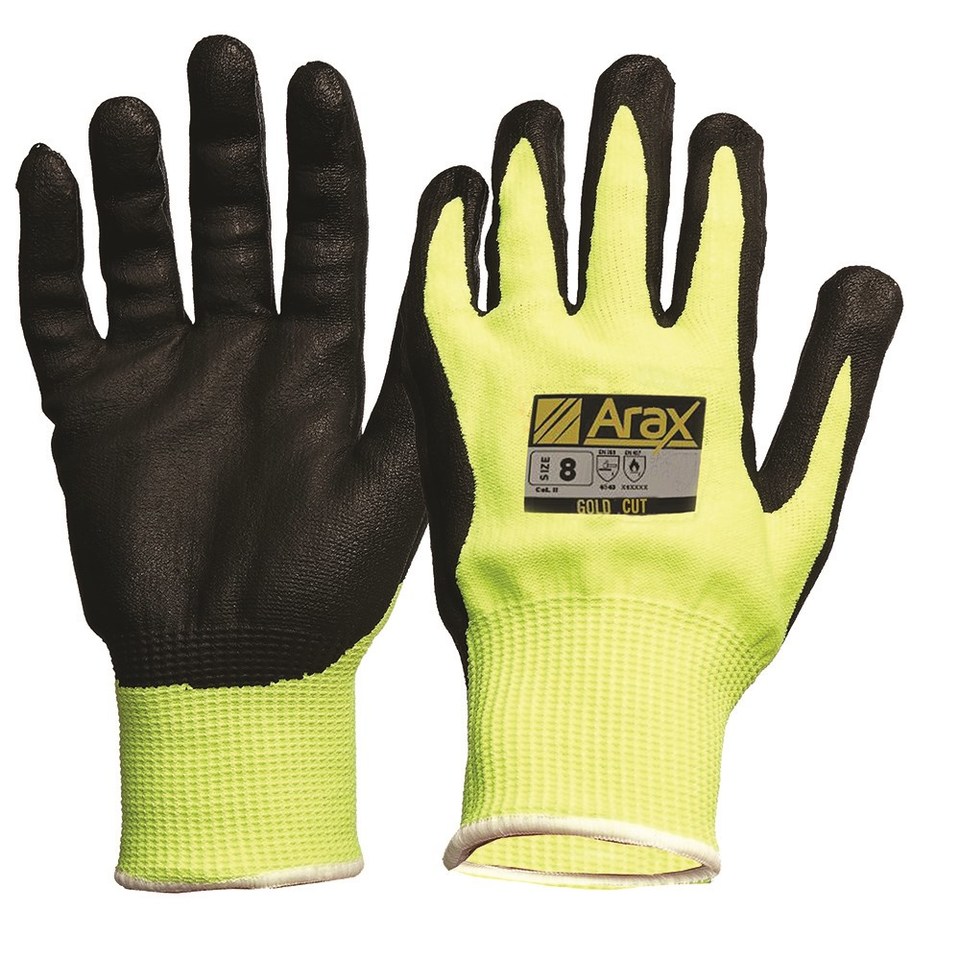 ARAX® Gold, Nitrile Sand Dip on Hi-Vis Yellow Liner, Size 10 - Paramount