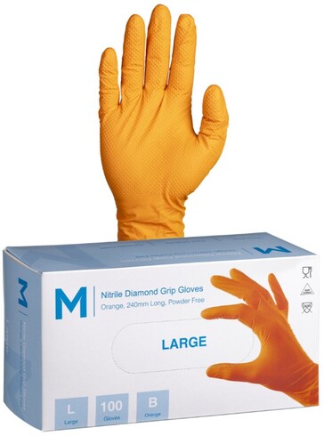 Nitrile Diamond Grip Gloves Powder Free - Orange, L, 240mm Cuff, 9.0g - Matthews