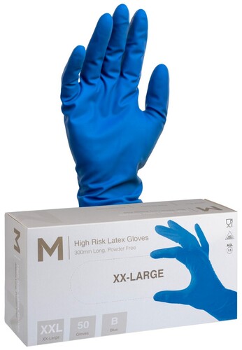 High Risk Latex Examination Gloves Powder Free - Cobalt Blue, 2XL, 300mm Cuff, 18.5g - Matthews