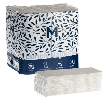 Quilted Lunch Napkins 1/8 Fold - White, 300mm x 300mm, 2 Ply - Matthews