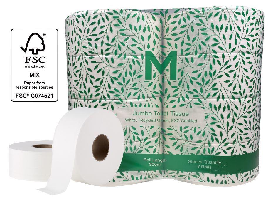 Recycled Jumbo Toilet Tissue - White, 2 Ply, 300m Pallet 60 packs - Matthews