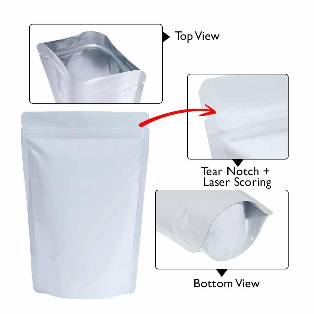 Stand Up Pouch 3kg Shiny White both sides with Zip no Valve 300w x 500h x (75 + 75)g