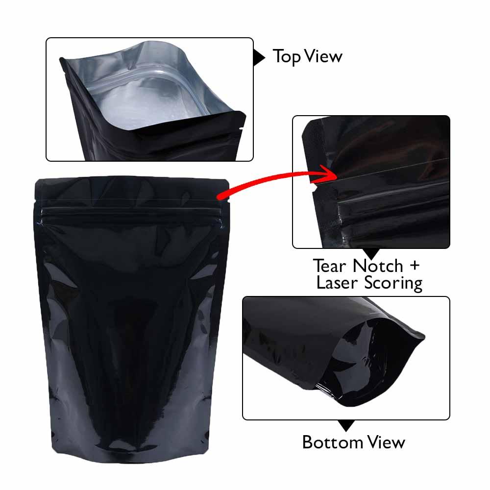 Stand Up Pouch Shiny Black/Shiny Black 4/5kg w Zip No Valve w Die Cut Handle 400w x 550h x (90 +90)g