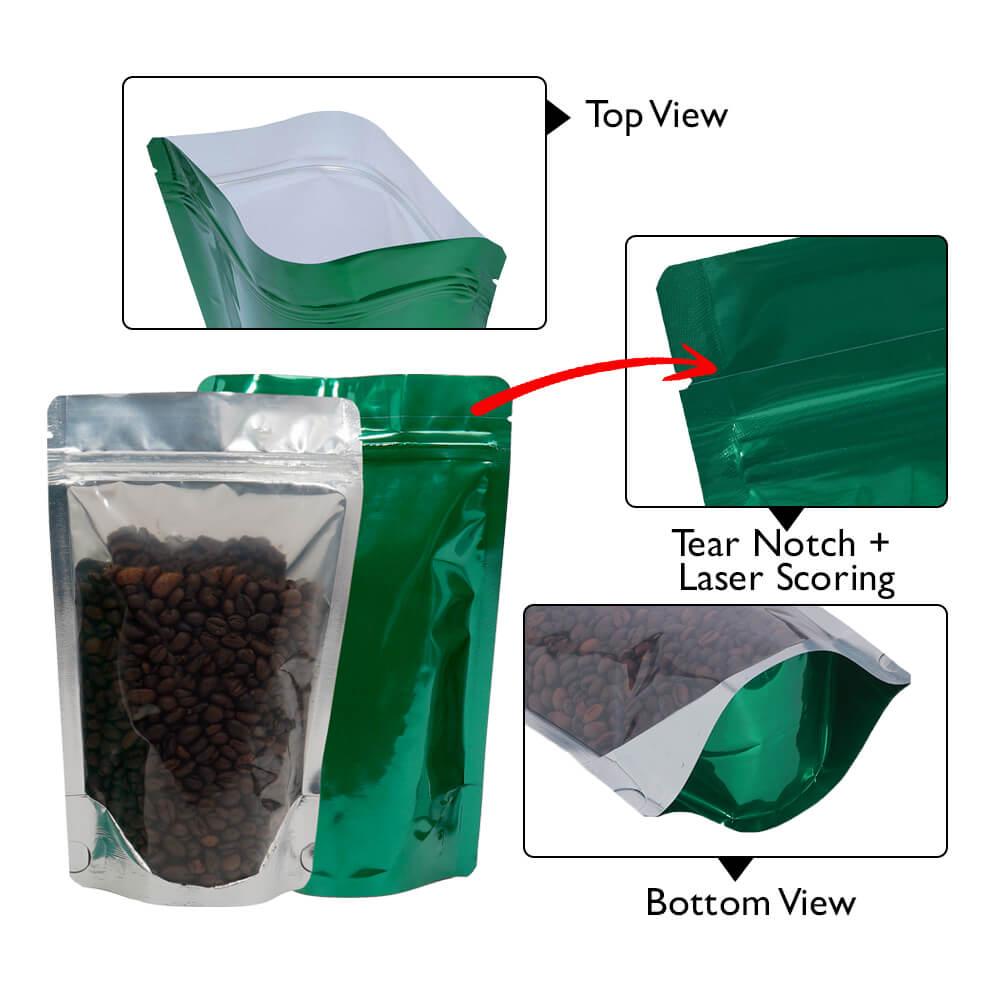 Stand Up Pouch Clear/Shiny Green 500g w Zip no Valve 190h x 265h x (55 + 55)g Carton 500