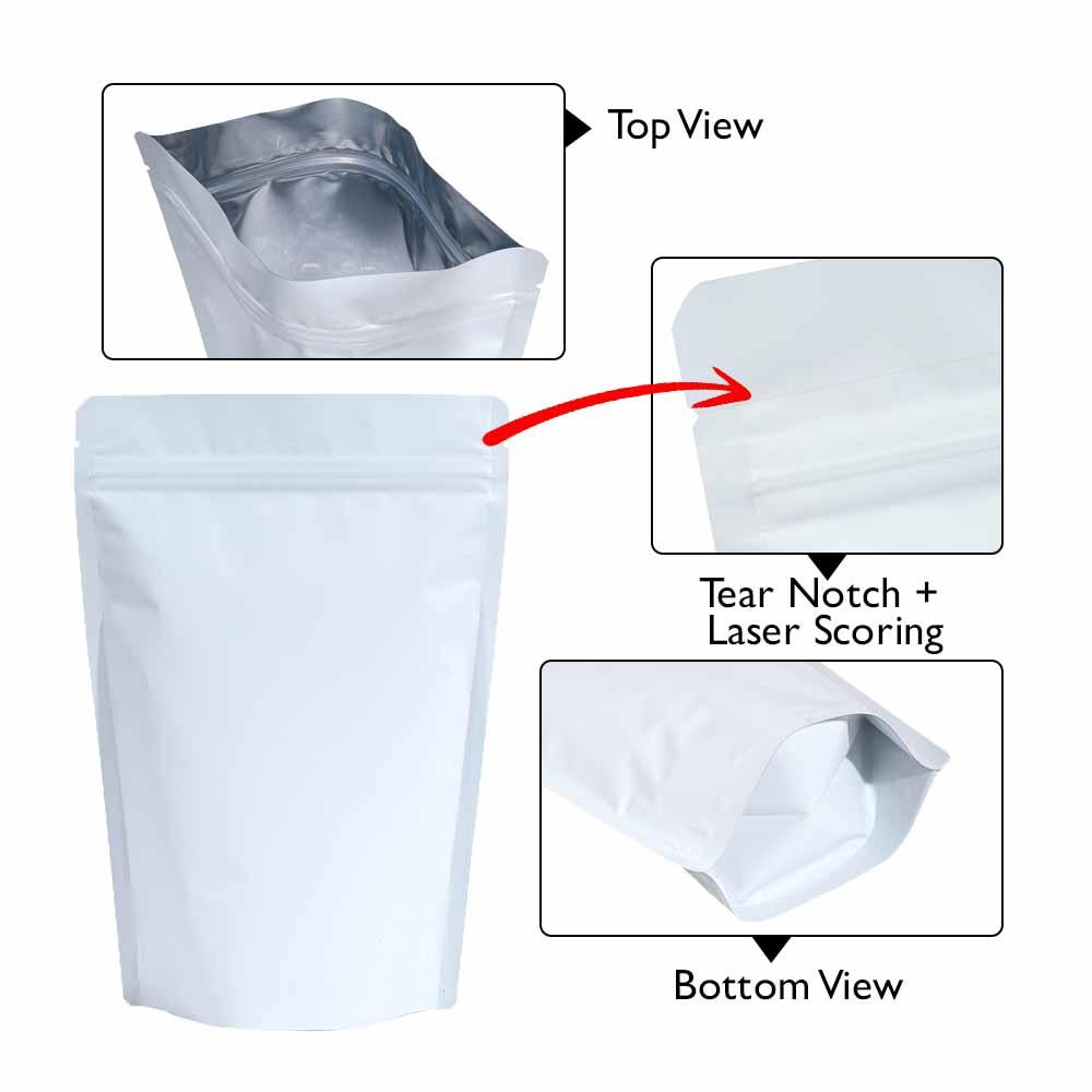 Stand Up Pouch 1kg White Matt with Zip no Valve 235w x 345h x (60 + 60)g