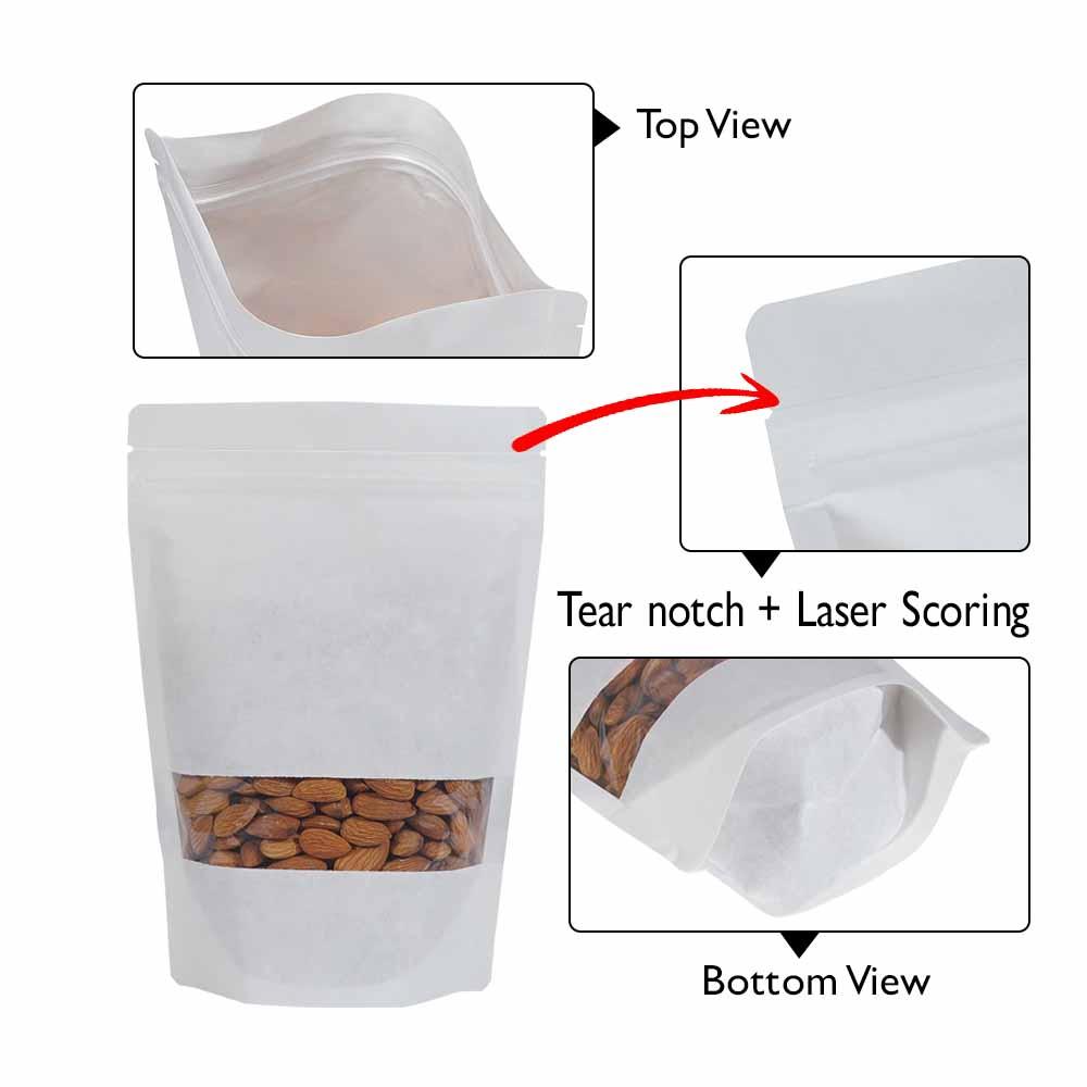 Stand Up Pouch 250g White Kraft Paper w Rectangle Window w Zip no Valve 160w x 230h x (45 + 45)g