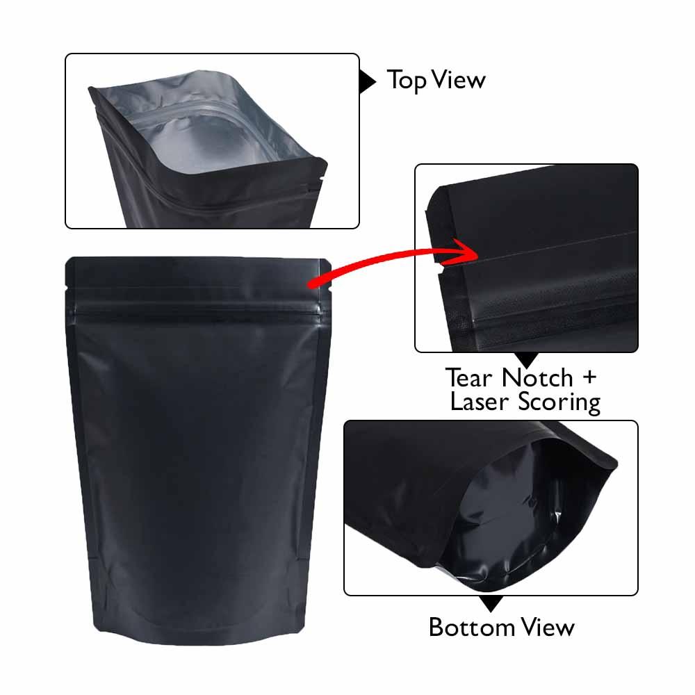 Stand Up Pouch 250gm Black both sides Matt with Zip no Valve 160w x 230h x (45 + 45)g