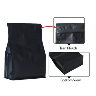 Flat Bottom Pouch 500g Matt Black w Zip w Valve 150w x 255h x (40 + 40)g