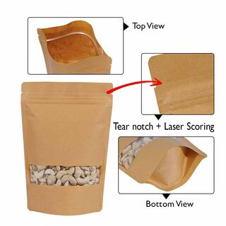 Stand Up Pouch 50g Brown Kraft Paper w Rectangle Window w Zip no Valve 95w x 150h x (30 + 30)g